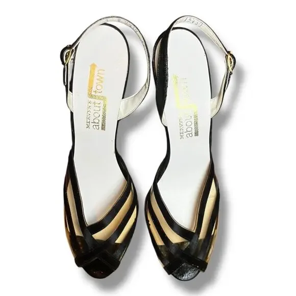 Vintage Mervyn’s ‘About Town’ Black & Gold Sandal Heels – Size 6 - Picture 3 of 11